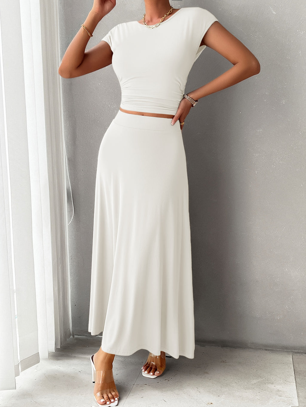 Women's 2pcs Lounge Set Crew Neck Short Sleeve Crop Top & Elastic Waist Maxi Skirt Soft Stretch Casual Summer Vacation Matching Outfit