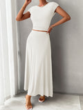 Women's 2pcs Lounge Set Crew Neck Short Sleeve Crop Top & Elastic Waist Maxi Skirt Soft Stretch Casual Summer Vacation Matching Outfit
