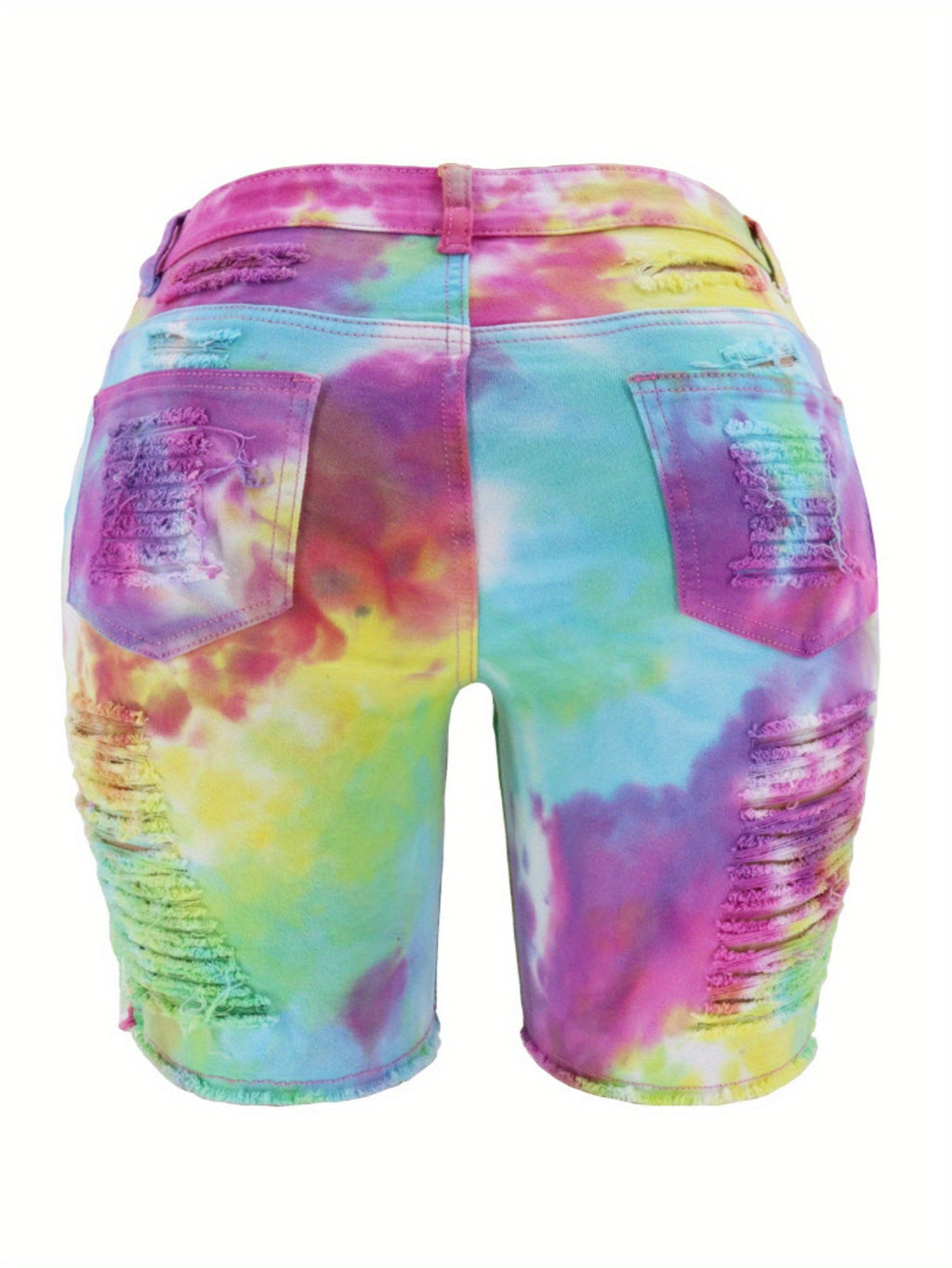 Ripped Denim Shorts Women Tie-Dye Distressed High Waist Mid Length Summer Edgy Trendy Jean Shorts Blue Pink Casual Streetwear Going Out