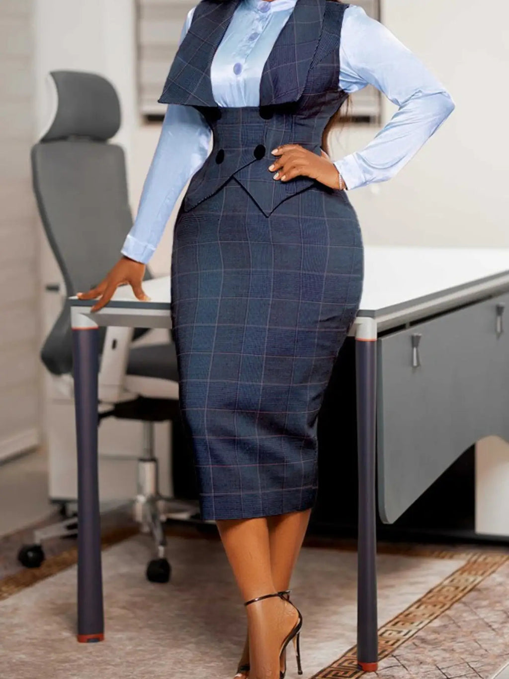 Plaid Vest & Pencil Skirt 2 Piece Set Women Checkered Sleeveless Vest High Waist Bodycon Skirt Office Business Professional