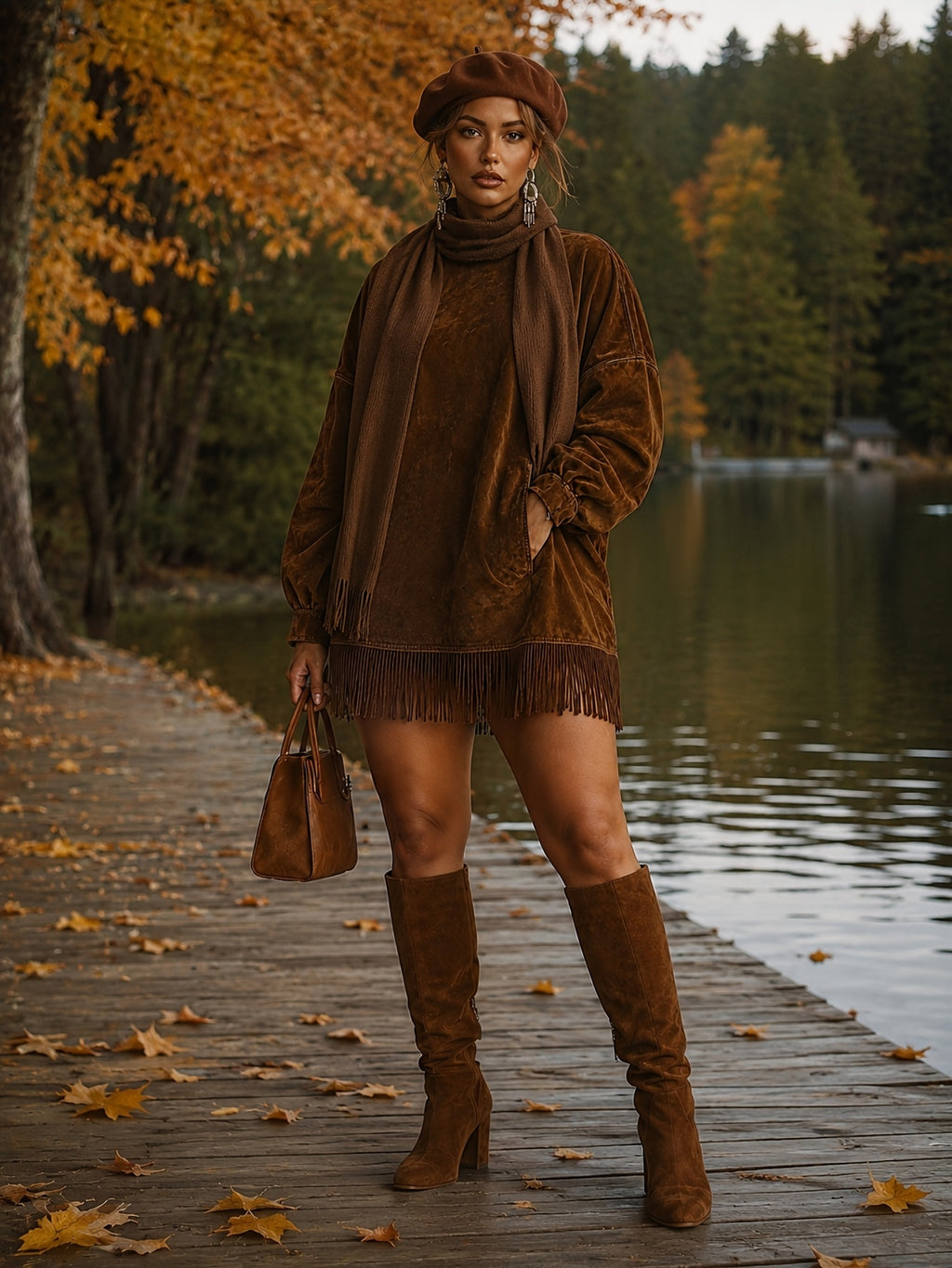 Fringed High Neck Long Sleeve Midi Dress Women | Retro Tassel Pleated Skirt | Loose Casual Dress XS-L