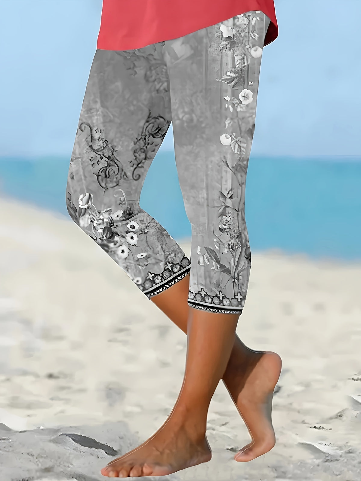 Women Dark Gray Floral Print Capri Leggings Stretch Knee Length Spring Summer Fall S-XXL