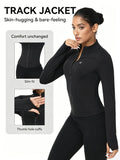 Women Zip Up Workout Jacket Thumb Holes Lightweight Moisture Wicking Slim Fit Sportswear Black Camel S-XL