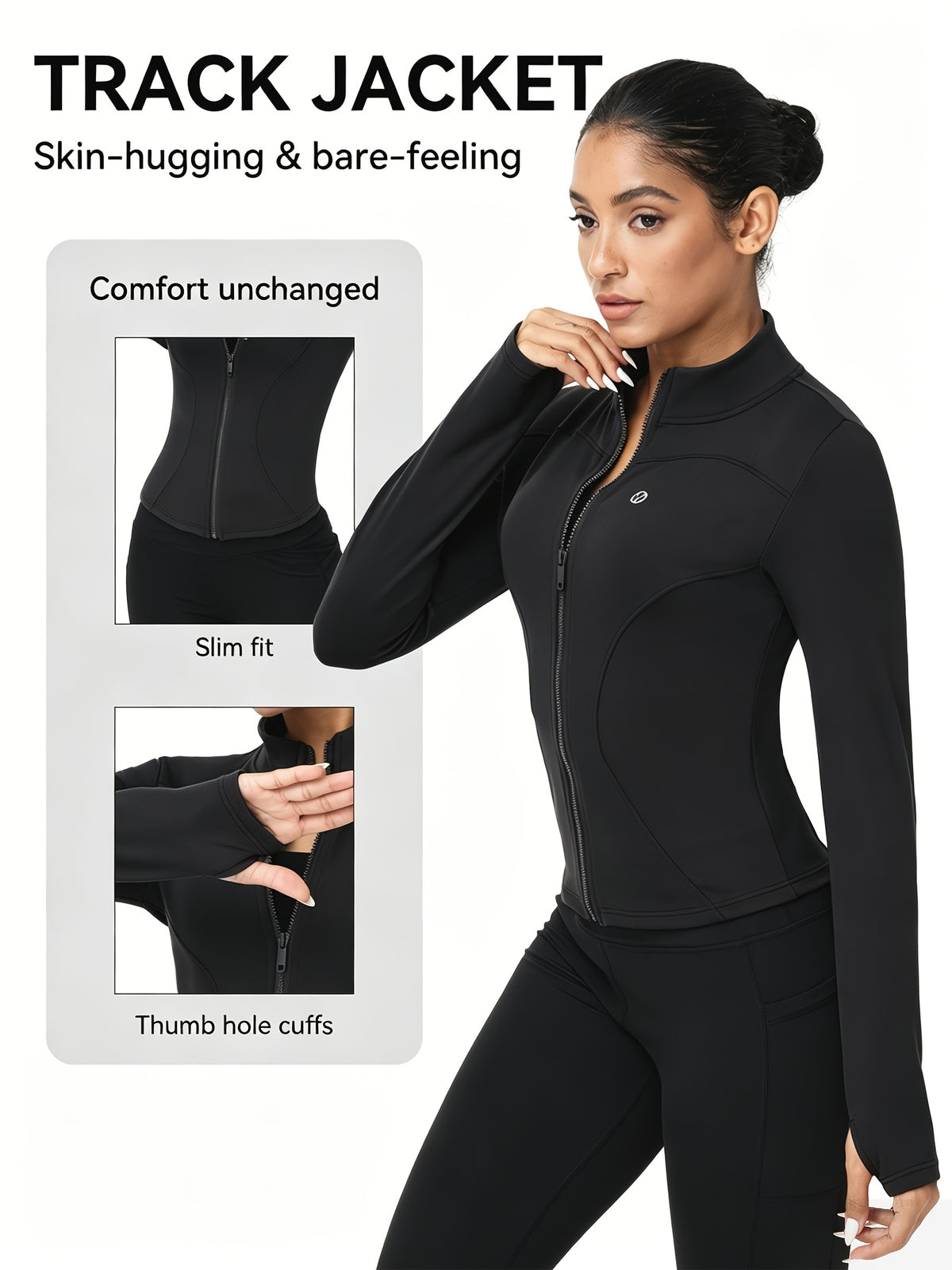 Women Zip Up Workout Jacket Thumb Holes Lightweight Moisture Wicking Slim Fit Sportswear Black Camel S-XL