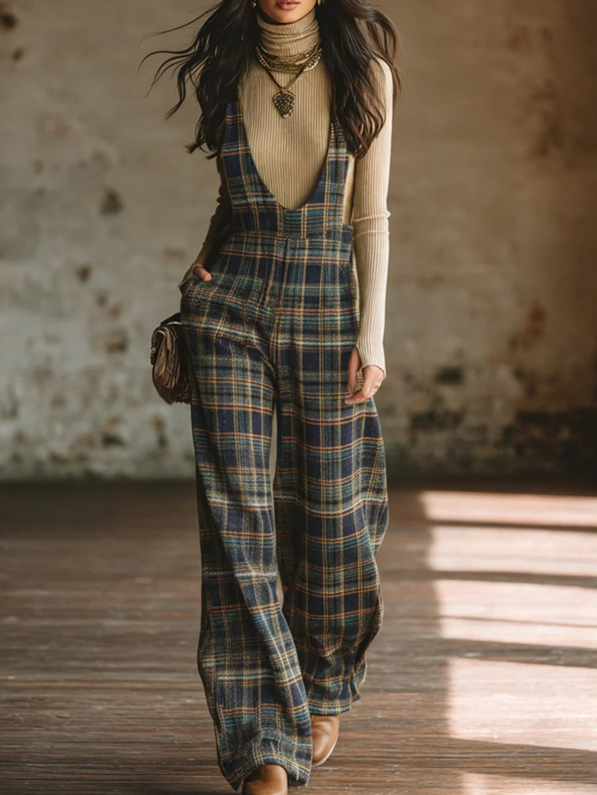 Plaid Wide Leg Jumpsuit Women Deep V Sleeveless Retro Tartan Overalls Pockets Boho Casual Fall Winter Daily Weekend