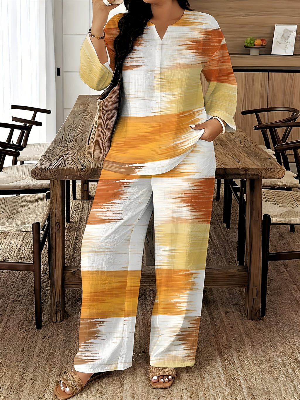 V-Neck Long Sleeve Printed Shirt Pants 2pcs Set Women Floral Digital Print Elastic Waist Casual Loungewear Spring Summer Two-Piece Outfit 15 Colors S-XXL