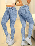 High Waist Stretch Slim Fit Cropped Jeans Women Hip Lifting Snowflake Acid Wash Light Blue S-XXL
