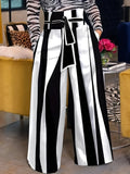 Vertical Striped Palazzo Pants Women High Waist Black White Wide Leg Trousers with Belt Elegant Casual Chic S-XXL