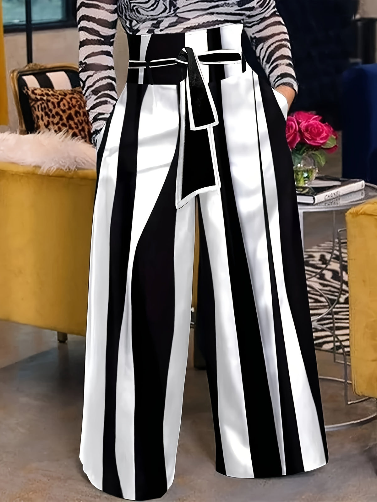 Vertical Striped Palazzo Pants Women High Waist Black White Wide Leg Trousers with Belt Elegant Casual Chic S-XXL