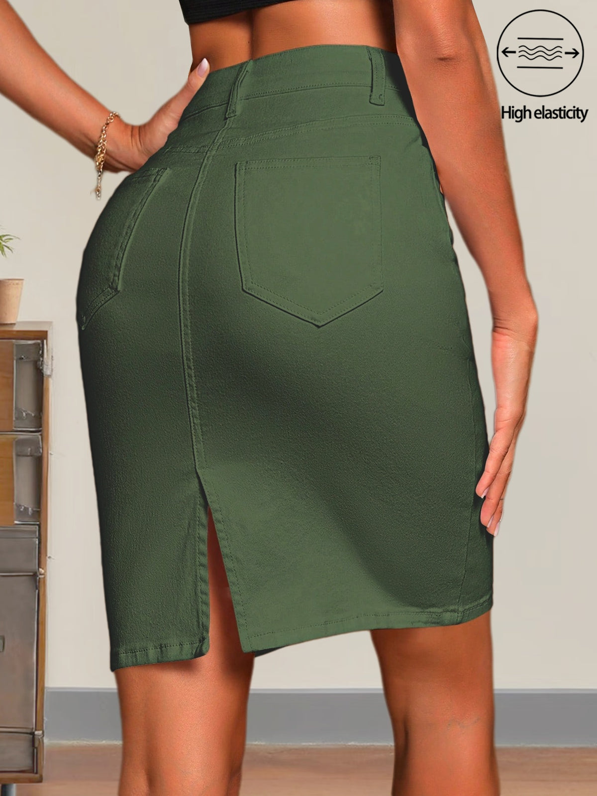 Olive Green High Waist Denim Pencil Skirt Women Stretchy Button Front Side Pockets Back Slit Y2K Vintage Spring Summer S-XXL