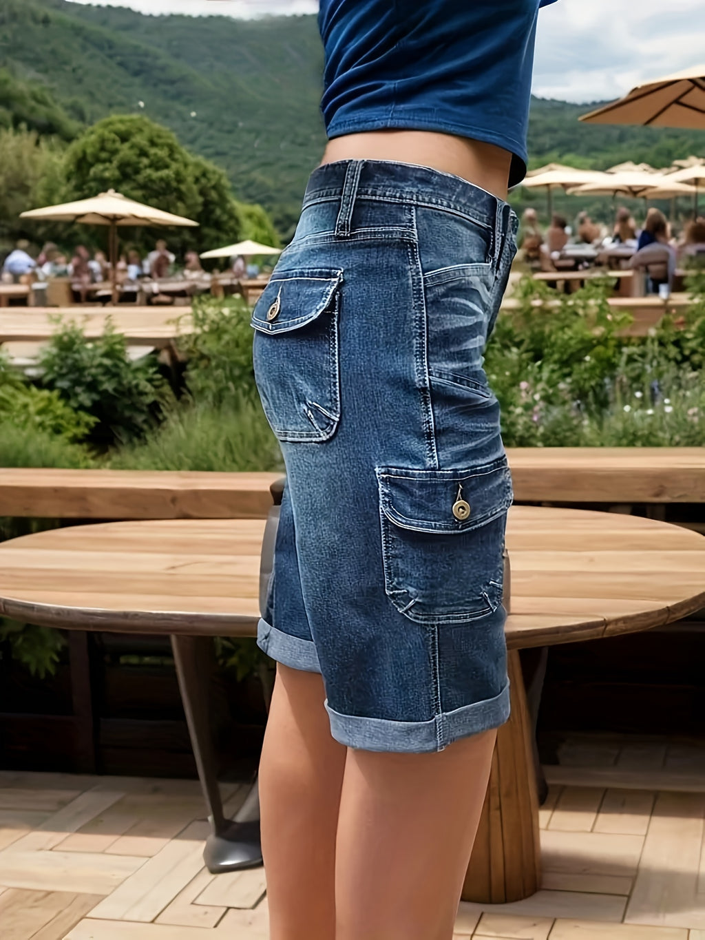 Cargo Capri Jeans Women Heavy Wash Splicing Design Elastic Fabric Hip Lifting Medium Blue Summer Leisure 5 Point Denim Shorts S-XXL