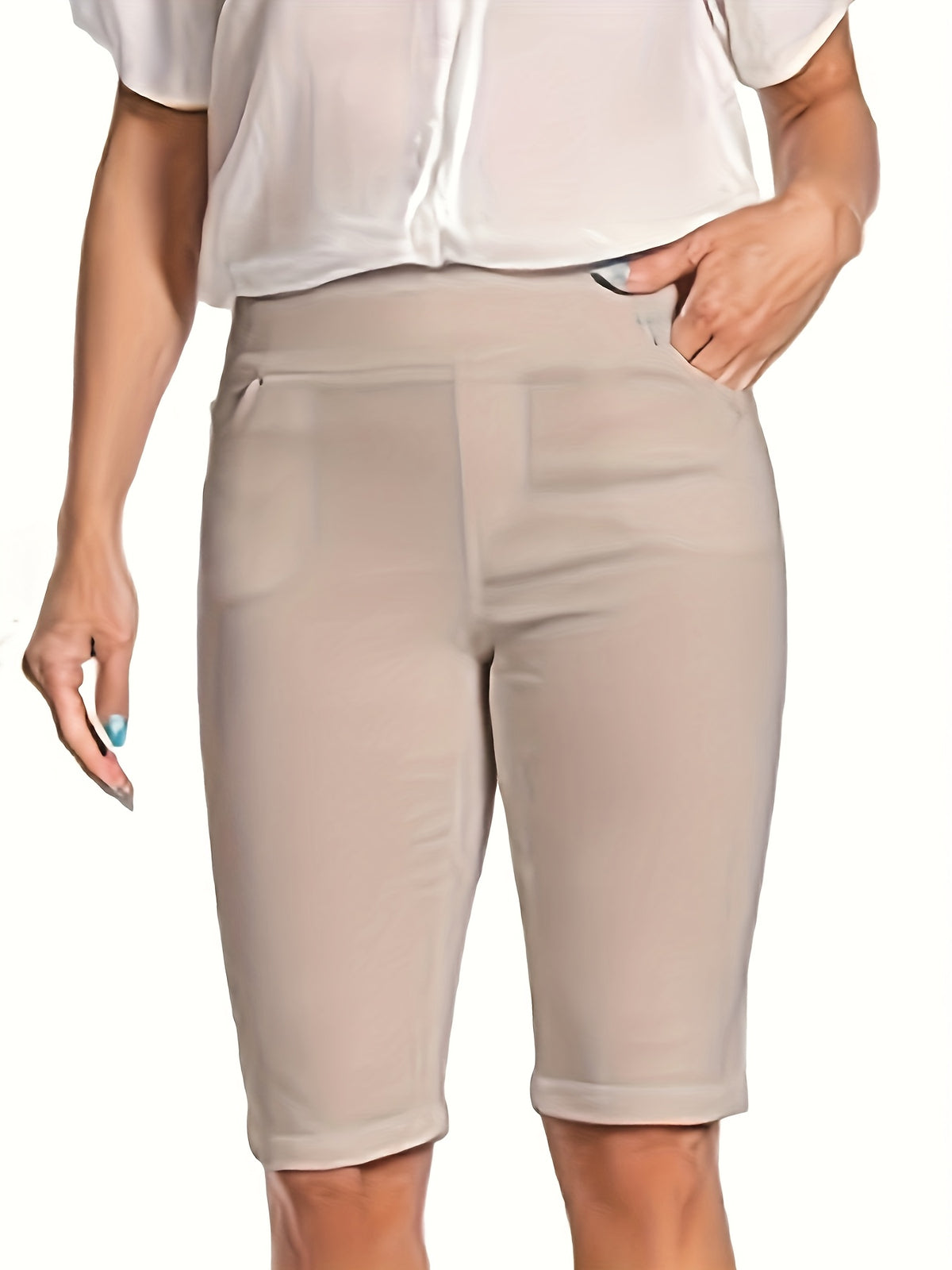 High Waist Bermuda Shorts Women Stretchy Pull On 5 Pockets Cuffed Hem Non See Through Machine Washable Office Casual All Season XS-XXL