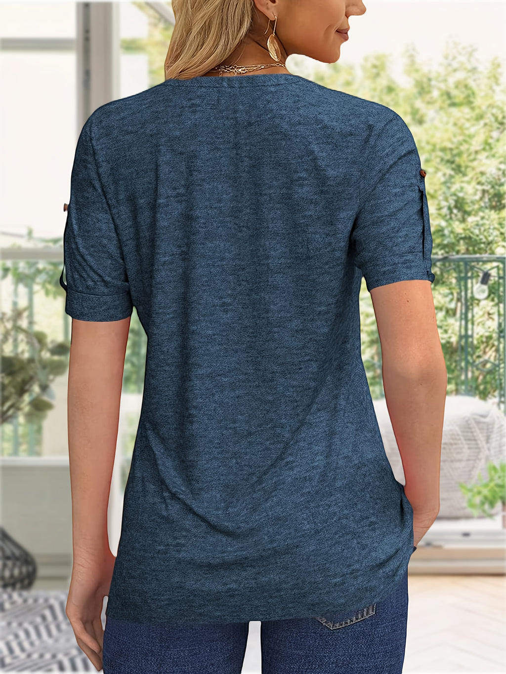Button Front V-Neck Top Women Pleated Detail Short Sleeve Solid Color Casual Summer Blouse Lightweight Breathable Machine Washable