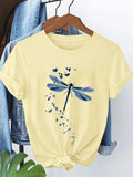 Dragonfly Floral Print T-Shirt Women Light Yellow Crew Neck Short Sleeve Stretch Breathable Non-See-Through Casual Tee Spring Summer S-XXL