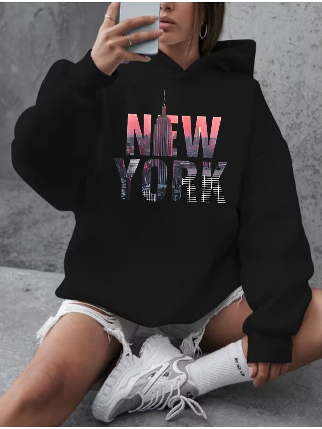 Women Casual Pullover Hoodie Sweatshirt Holiday Party Soft Fall Top Machine Washable White Black S-XXL