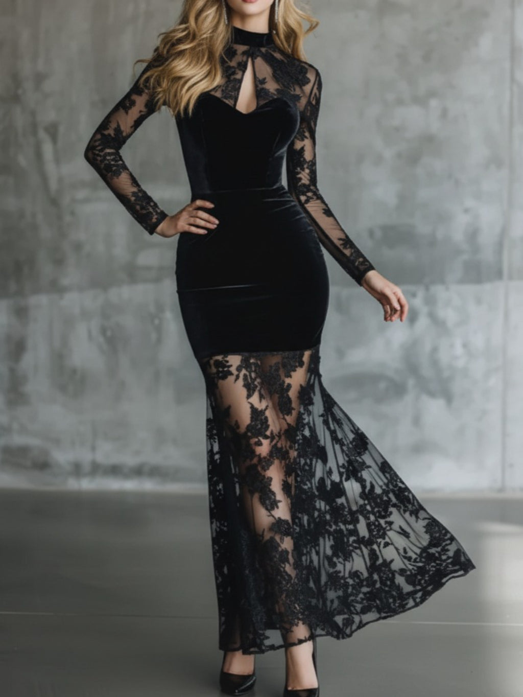 Black Lace Fishtail Maxi Dress for Women Sheer Panel Vintage Evening Party Formal Date Year-Round Sensual Dress