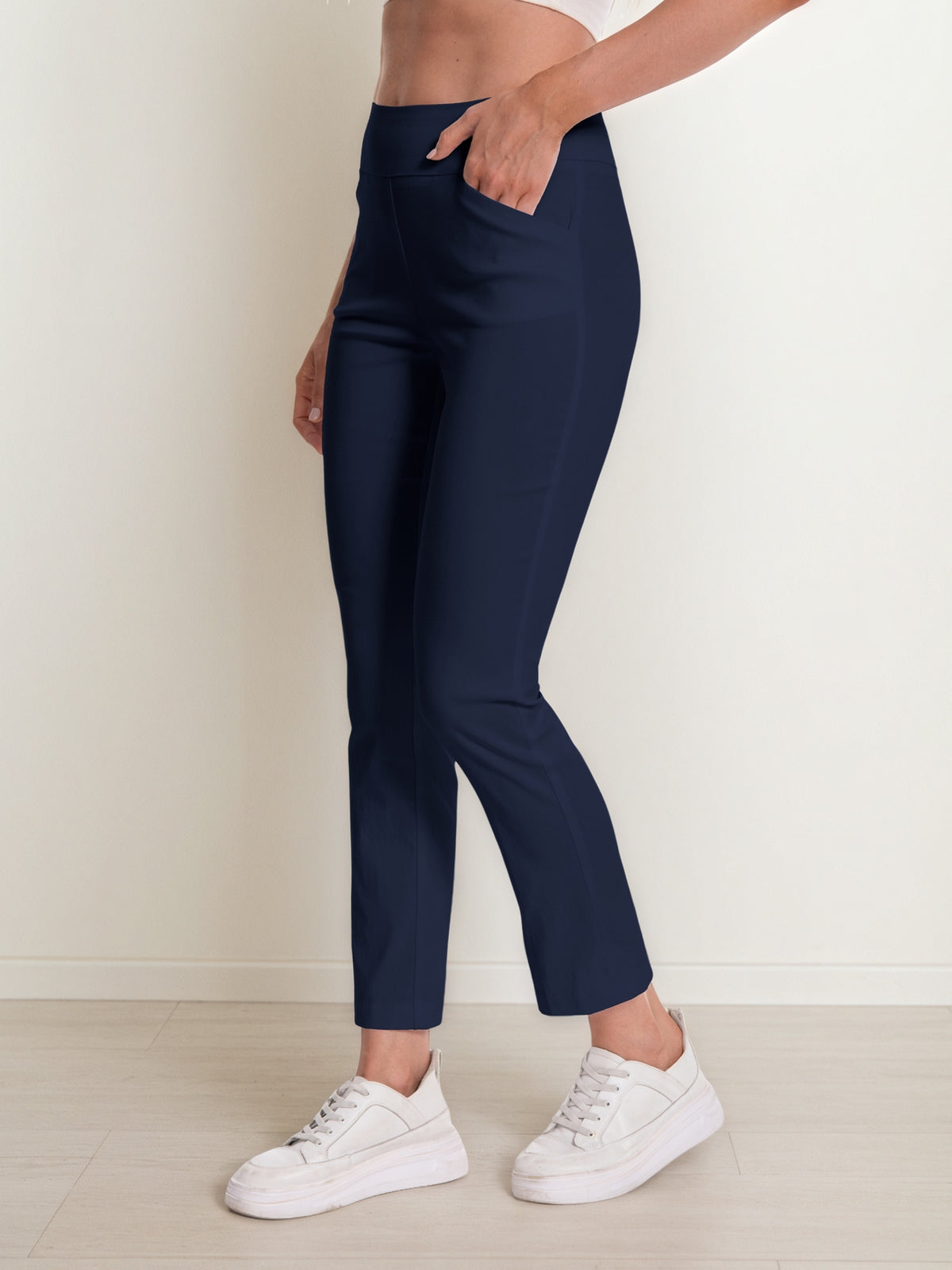 Pull-On Stretch Ankle Pants Women High Waist Wide Waistband Slim Straight Leg Side Pockets Business Casual Work Office Travel Everyday S-XXL