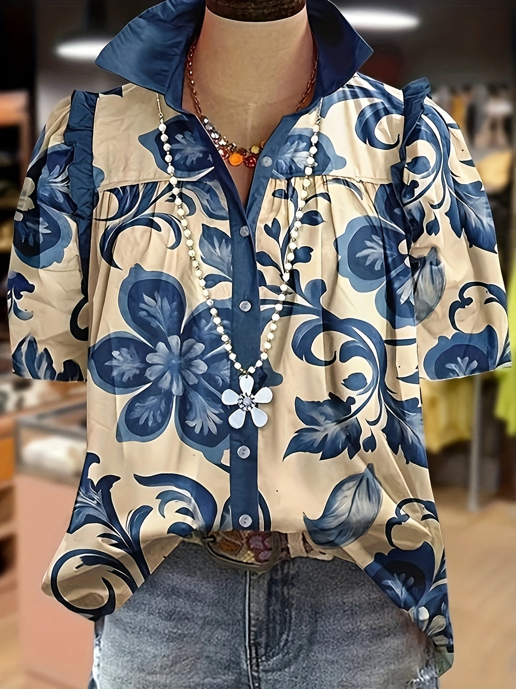 Women's Floral V-Neck Puff Sleeve Blouse Spring Summer Casual Top Multicolor S-XXL