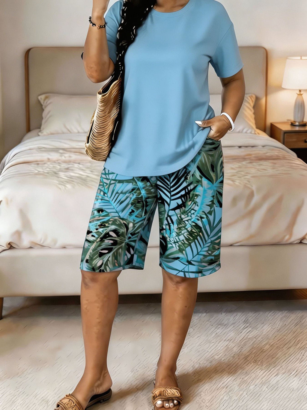 Tropical Banana Leaf Print Two-Piece Loungewear Set Short Sleeve Top & Shorts Women Summer Outfit