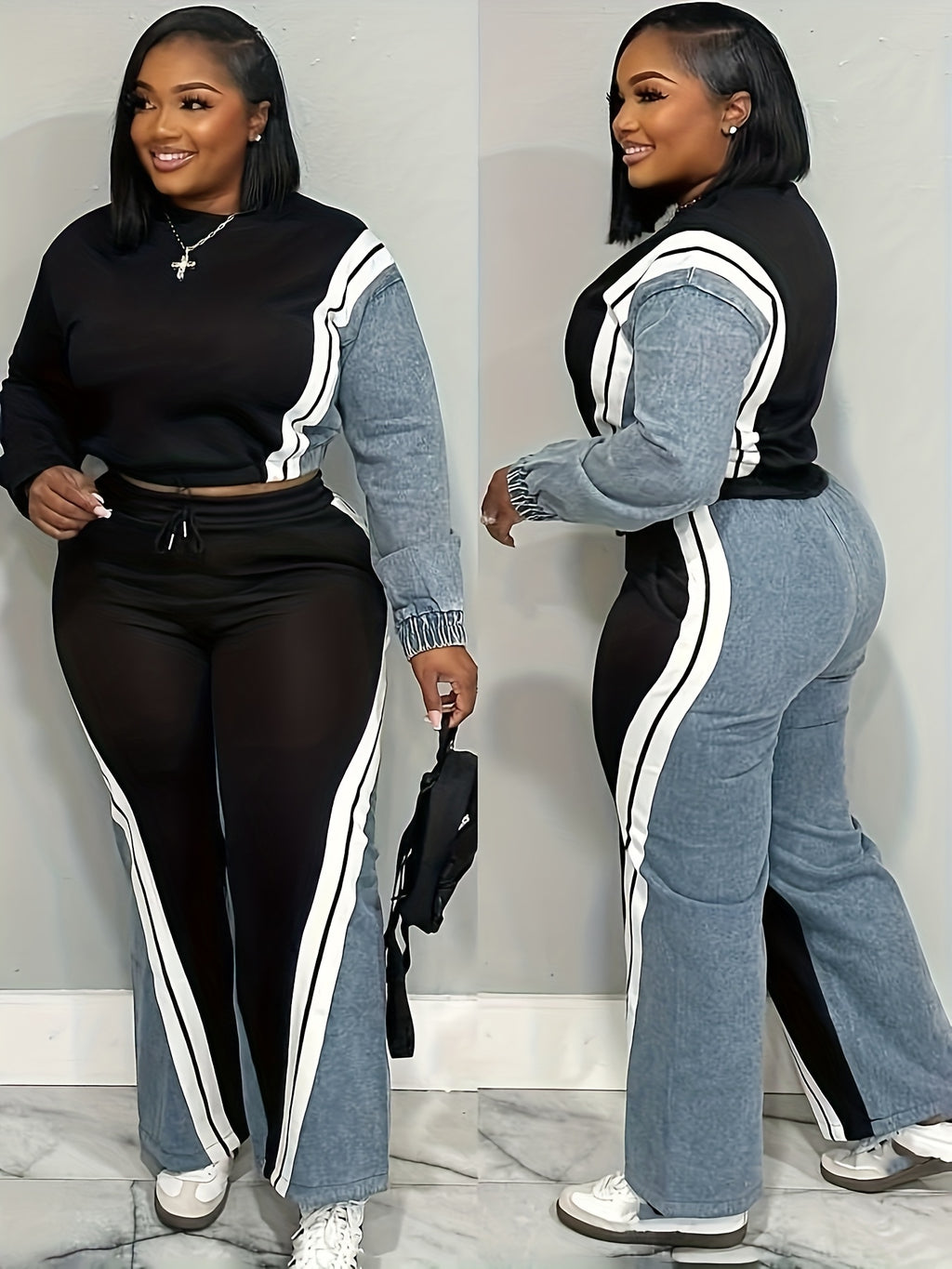 2pcs Tracksuit Set Women Color Block Contrast Stripe Cropped Top Wide-Leg Pants Casual Urban Streetwear Jogger Outfit