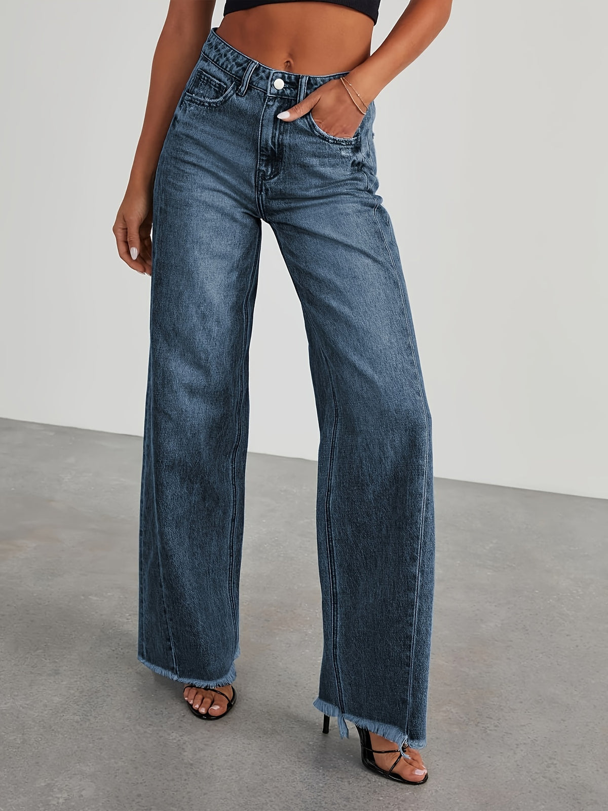 High-Waisted Wide Leg Jeans for Women - Casual Baggy Stretch Denim Pants with Pockets, Relaxed Fit Solid Color Trousers for Everyday & Weekend Wear