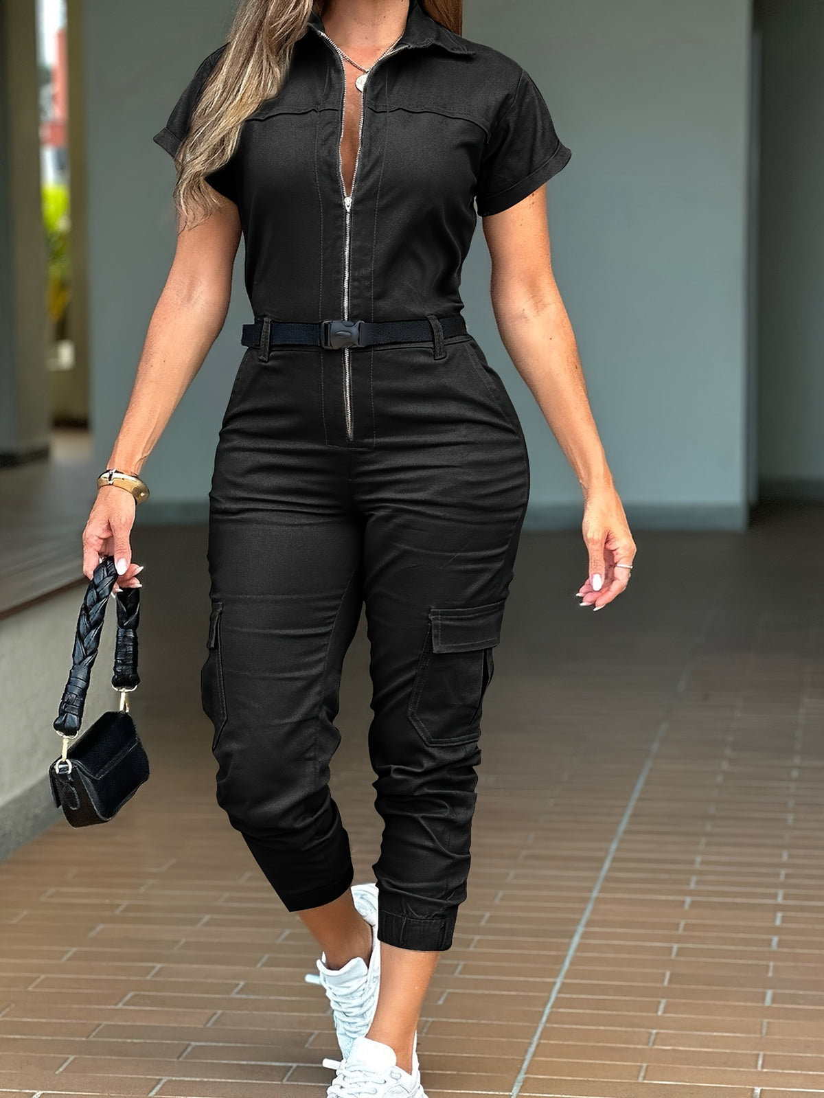 Zip Up Cargo Jumpsuit for Women, Short Sleeve Casual One Piece Romper with Functional Pockets, Utility Streetwear Overalls, Summer Everyday Outfit