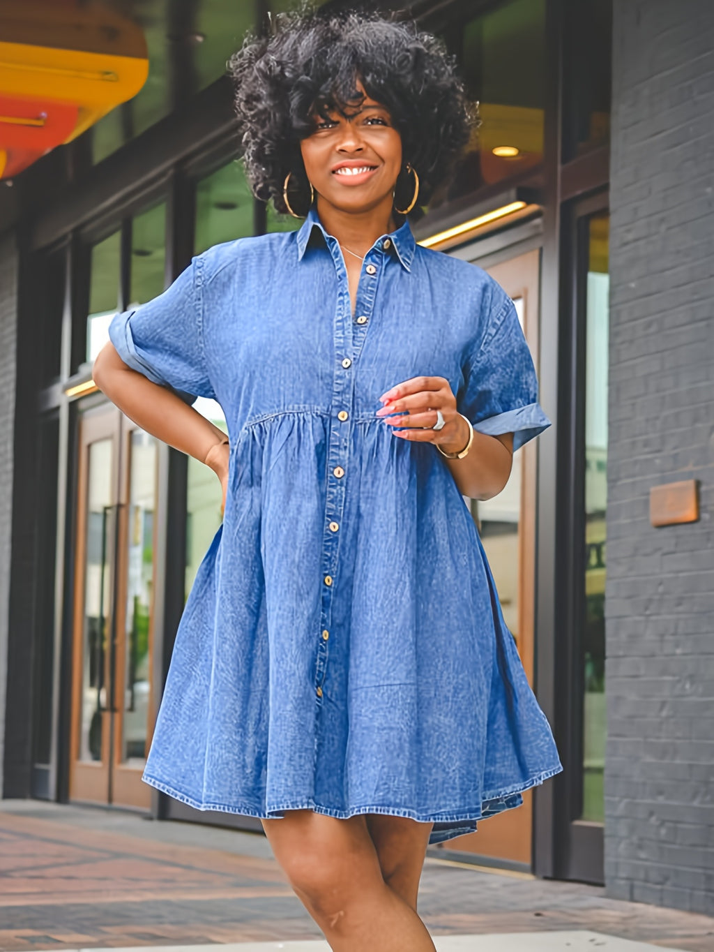 Denim Shirt Dress Women Short Sleeve Button Flared Hem Babydoll Jean Dress Casual Summer Spring S-XXL