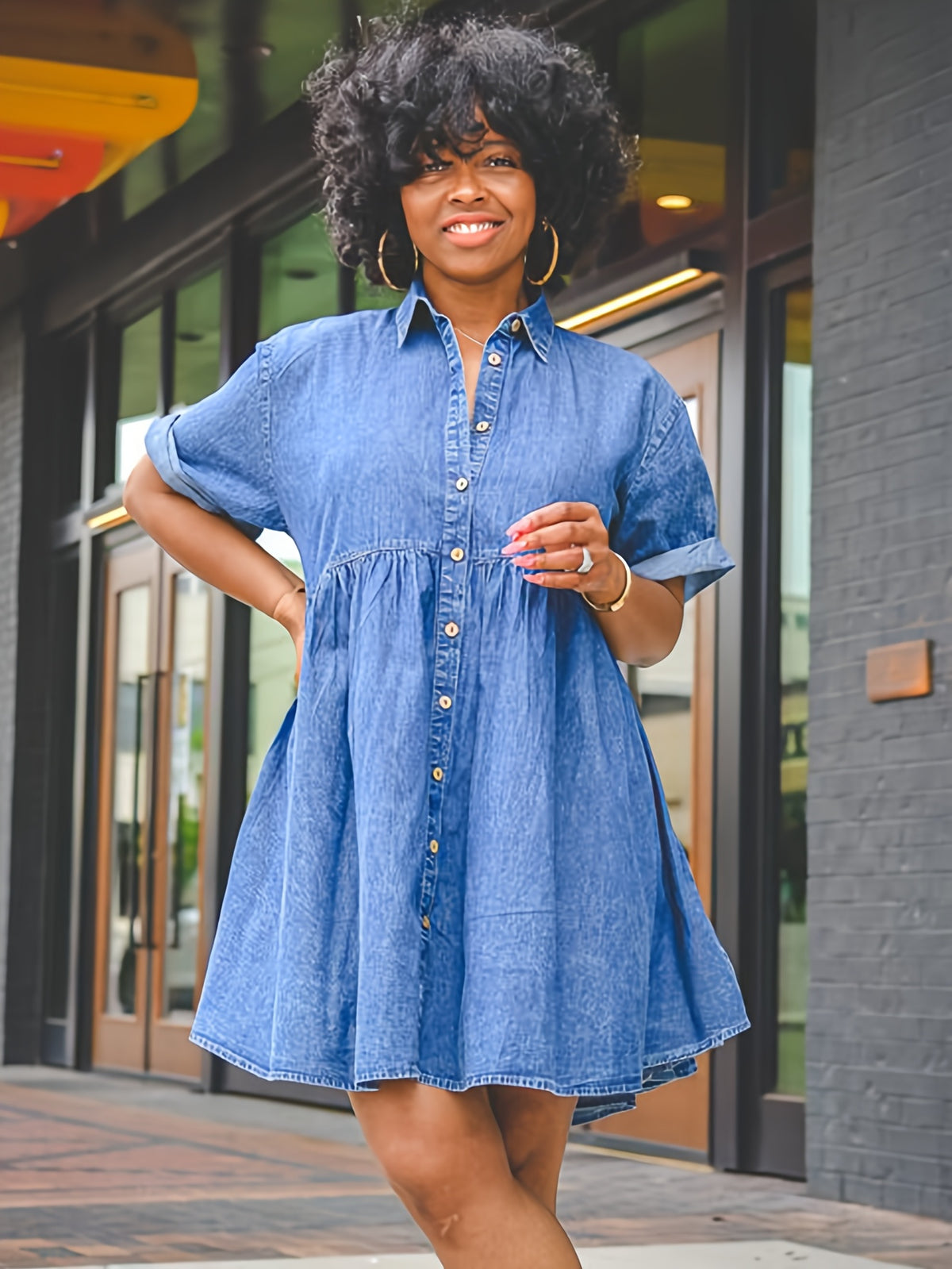 Denim Shirt Dress Women Short Sleeve Button Flared Hem Babydoll Jean Dress Casual Summer Spring S-XXL