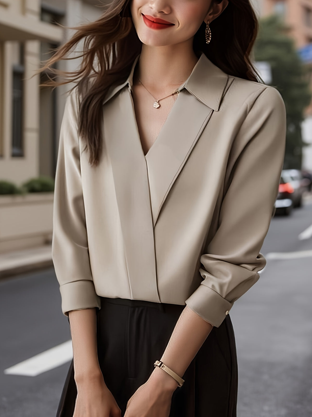 Satin Silky Lapel Blouse for Women | Solid Chiffon Cardigan Shirt | Elegant Lightweight Button-Up Top | Versatile Undershirt Layering Blouse Women