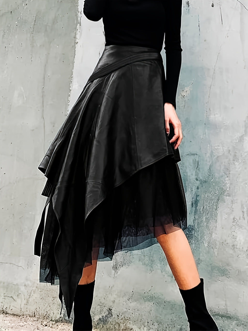 Black Asymmetric Lace Hem Skirt for Women, Elegant A-Line Midi Skirt Casual Spring Autumn Fashion Ladies Bottom with Irregular Hem