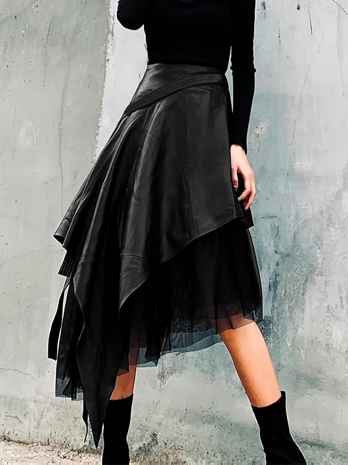 Black Asymmetric Lace Hem Skirt for Women, Elegant A-Line Midi Skirt Casual Spring Autumn Fashion Ladies Bottom with Irregular Hem