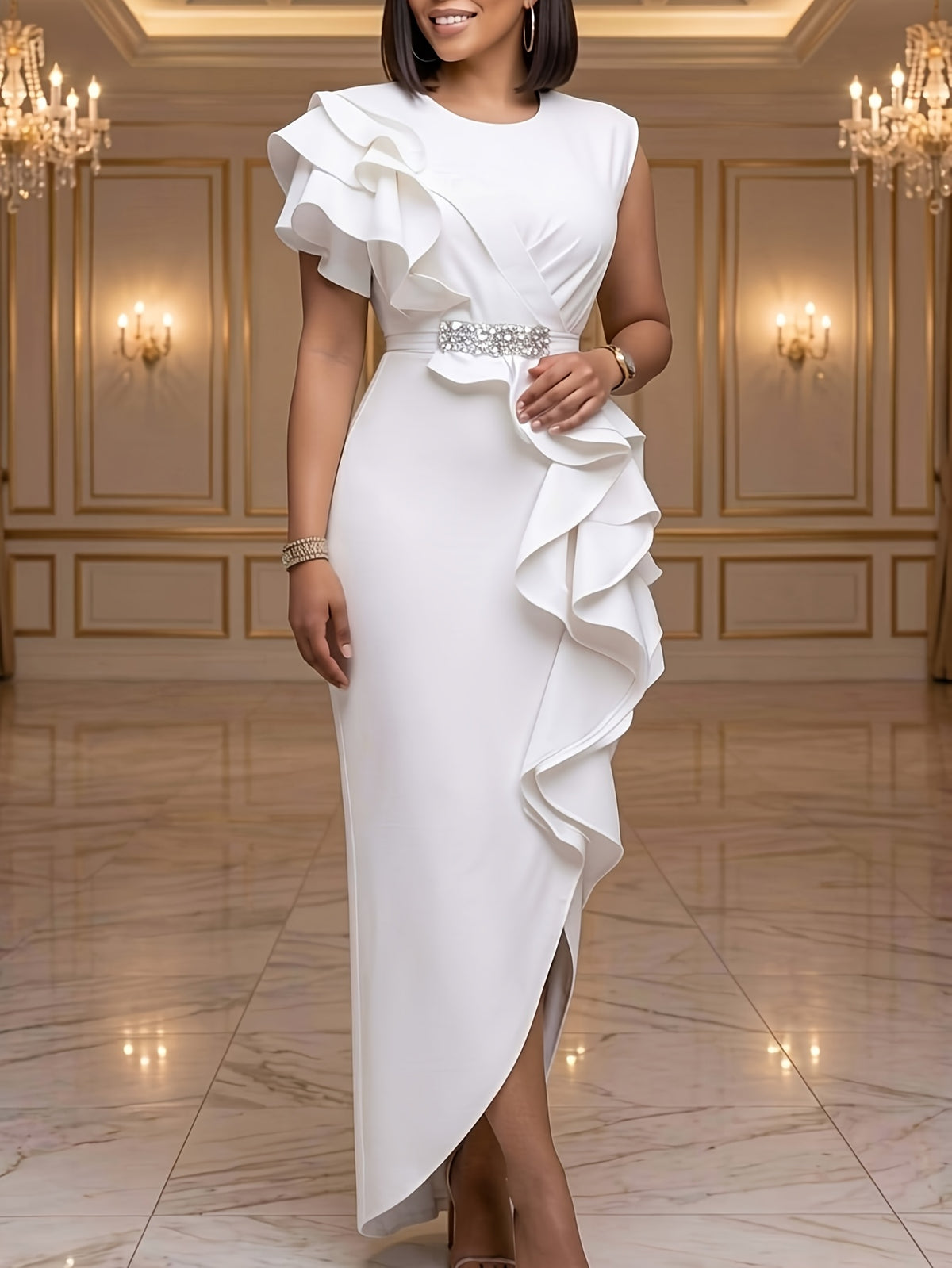 Mermaid Fishtail Dress Women Ruffled Waist Sleeveless Slit Formal Evening Wedding Prom Elegant Solid Color Round Neck