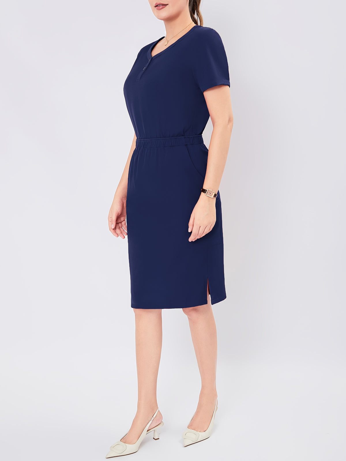 Women's V-Neck Scrub Set Short Sleeve Medical Uniform Beauty Salon Polyester Solid Color Top & Skirt with Pockets