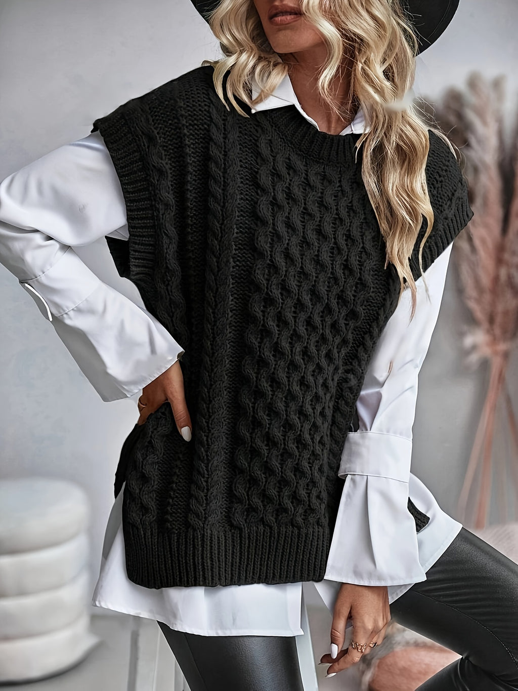 Cable Knit Sweater Vest Women Sleeveless Round Neck Slit Hem Solid Color Layering Top - Casual Semi-Formal Acrylic Knitwear Spring Summer Fall