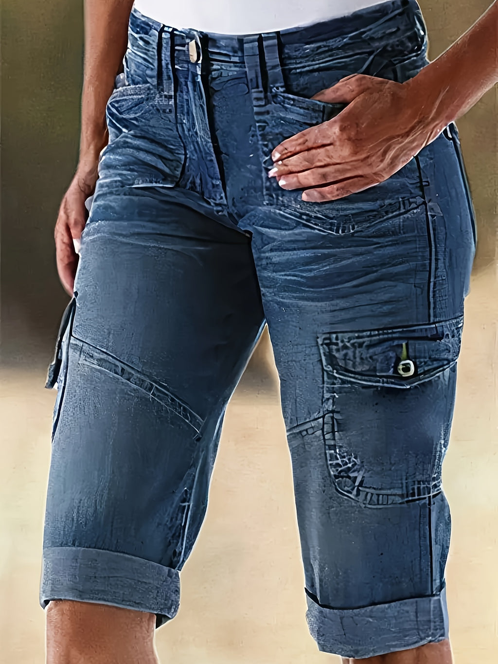 Cargo Capri Jeans Women Heavy Wash Splicing Design Elastic Fabric Hip Lifting Medium Blue Summer Leisure 5 Point Denim Shorts S-XXL