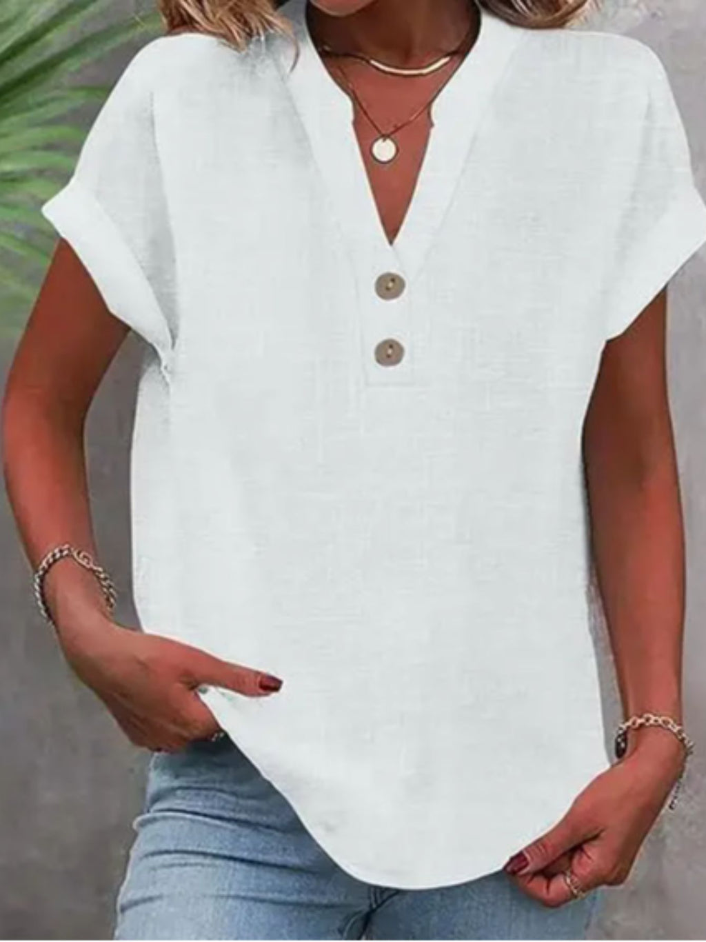 V-Neck Button Placket Tee Women Solid Color Short Sleeve Casual Summer Top Lightweight Breathable 15 Colors S-XXL