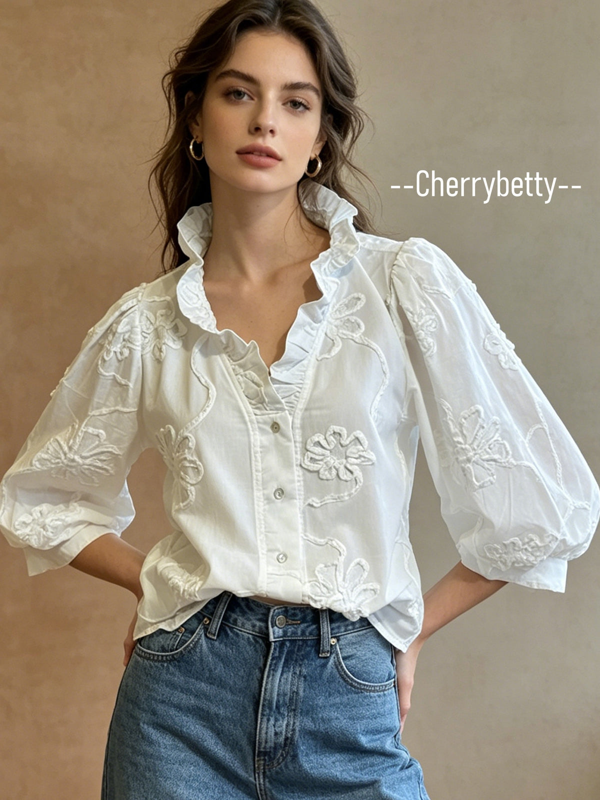 3D Flower Embroidered Puff Sleeve Blouse Women Ruffle Neck Elegant Top | Chic Party Shirt Summer Easter St. Patrick's Day Outfit White Pink S-XXL
