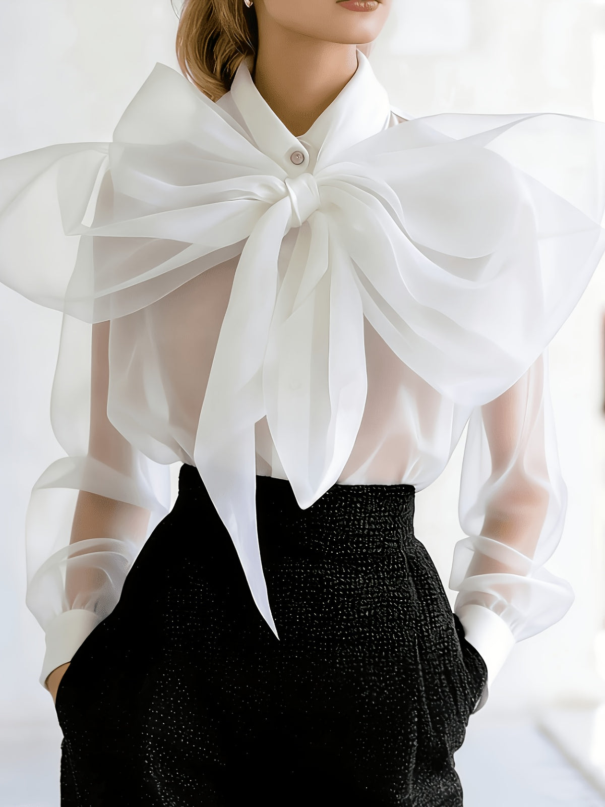 Sheer Chiffon Oversized Bow Neck Blouse for Women – Elegant Long Sleeve Transparent Purple Top for Date Night Party Casual Chic