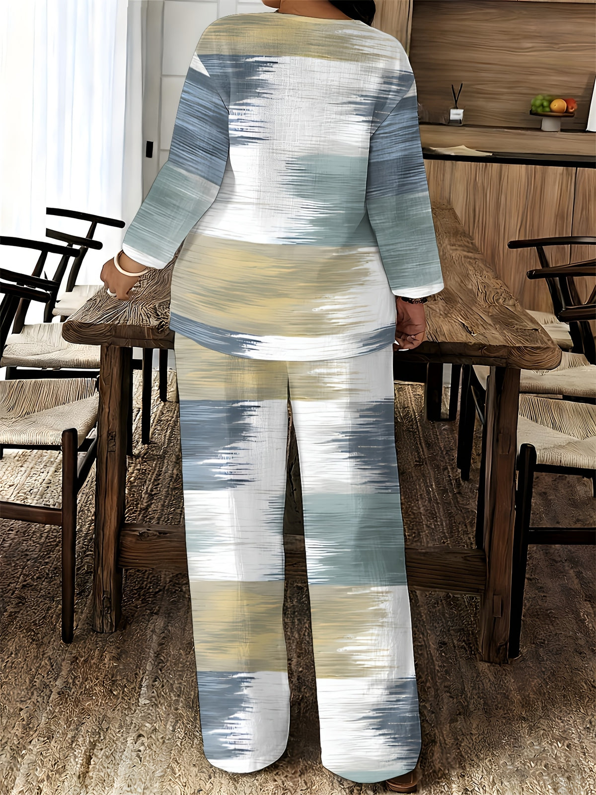 V-Neck Long Sleeve Printed Shirt Pants 2pcs Set Women Floral Digital Print Elastic Waist Casual Loungewear Spring Summer Two-Piece Outfit 15 Colors S-XXL