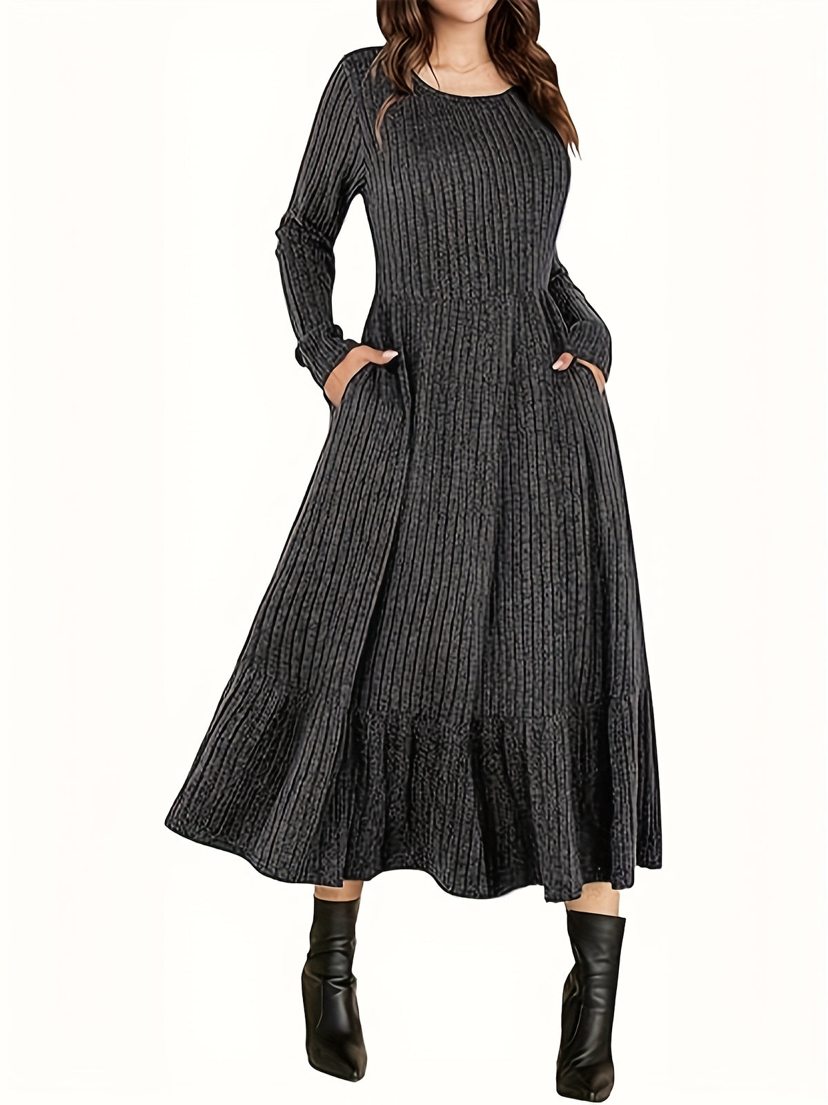 Ribbed Waist-Cinched Maxi Dress for Women | Crew Neck Knit Long Dress with Pockets | Warm Flattering Fall Winter Dress | Solid Color Office Casual Dress Women