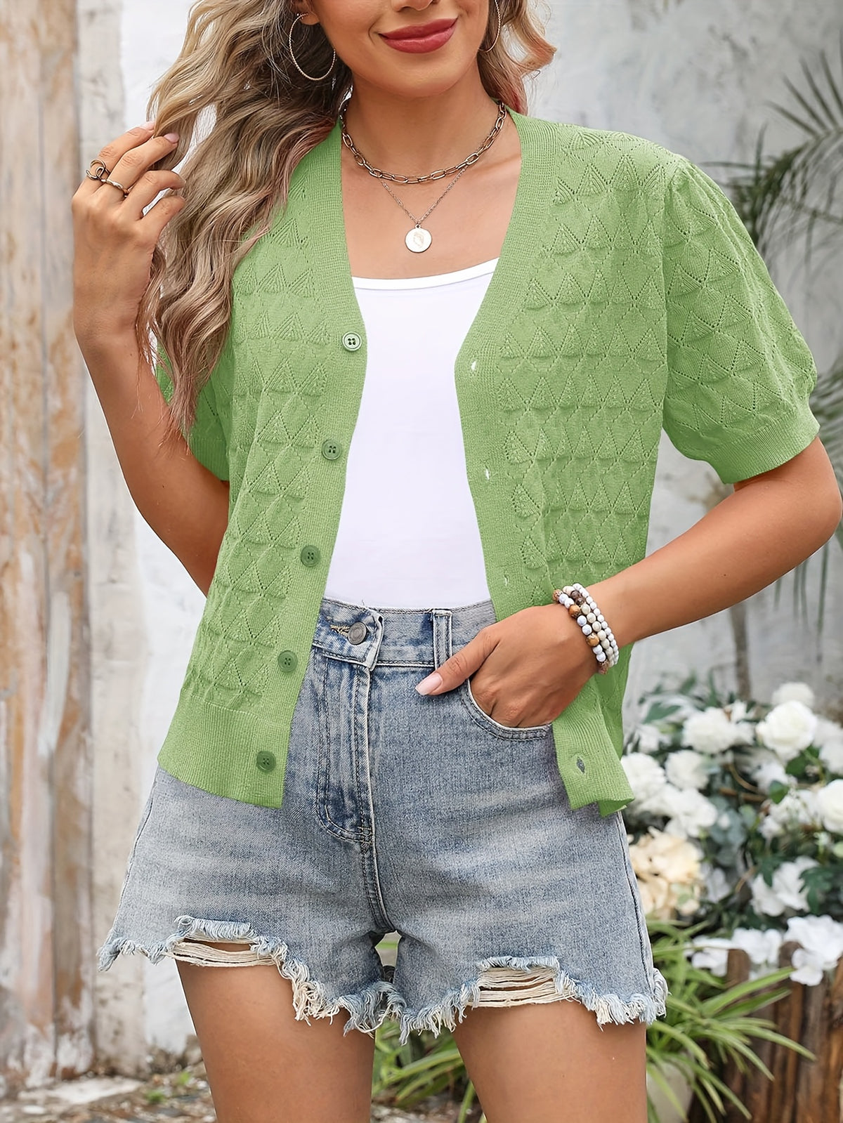 Women's Cropped Crochet Cardigan Puff Sleeve Linen Blend Sheer Lace Knit Short Top Breathable Lightweight Spring Summer Boho Fashion