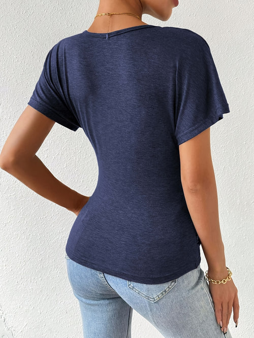 Cross V-Neck Ruched Slim Tee Women Solid Color Short Sleeve Fitted T-Shirt Spring Summer Casual Everyday Top S-XL