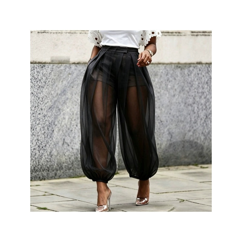 Mesh Tulle Harem Pants Women High Waist Built-In Shorts Balloon Wide Leg Trousers Solid Color Pockets Spring Summer Casual 9/10 Length S-XXL