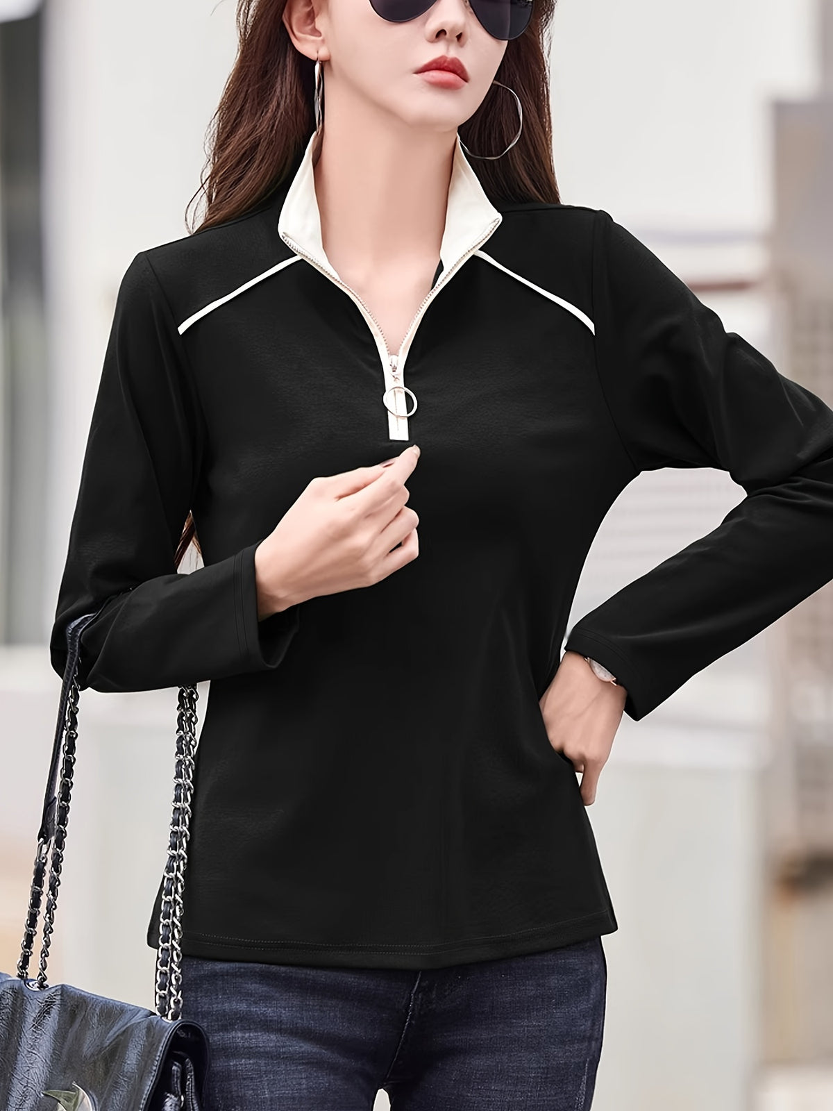 Zipper Collar Blouse Women Elegant Metal Zipper Accent Solid Color Stretchy Casual Formal Spring Summer Top S M L XL XXL