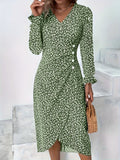 V-Neck Button Front Maxi Dress for Women – Long Sleeve Mullet Hem Slim Fit Elegant Wedding Office Dress