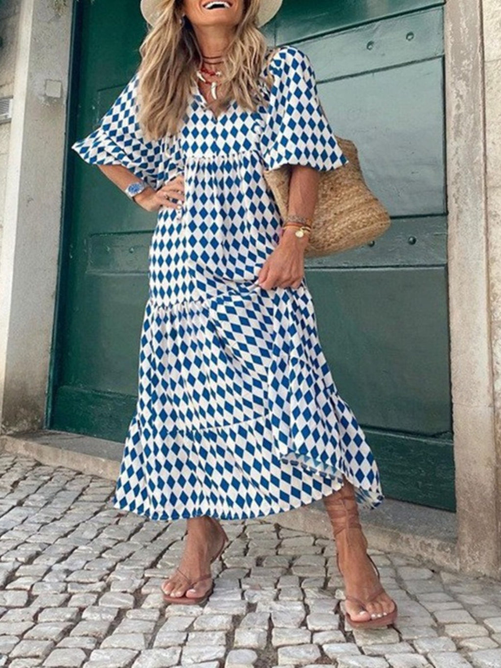 Boho Floral Puff Sleeve Maxi Dress Women V-Neck Lantern Sleeve Loose Long Dress Geometric Floral Print Lightweight Summer Dress S-XXL