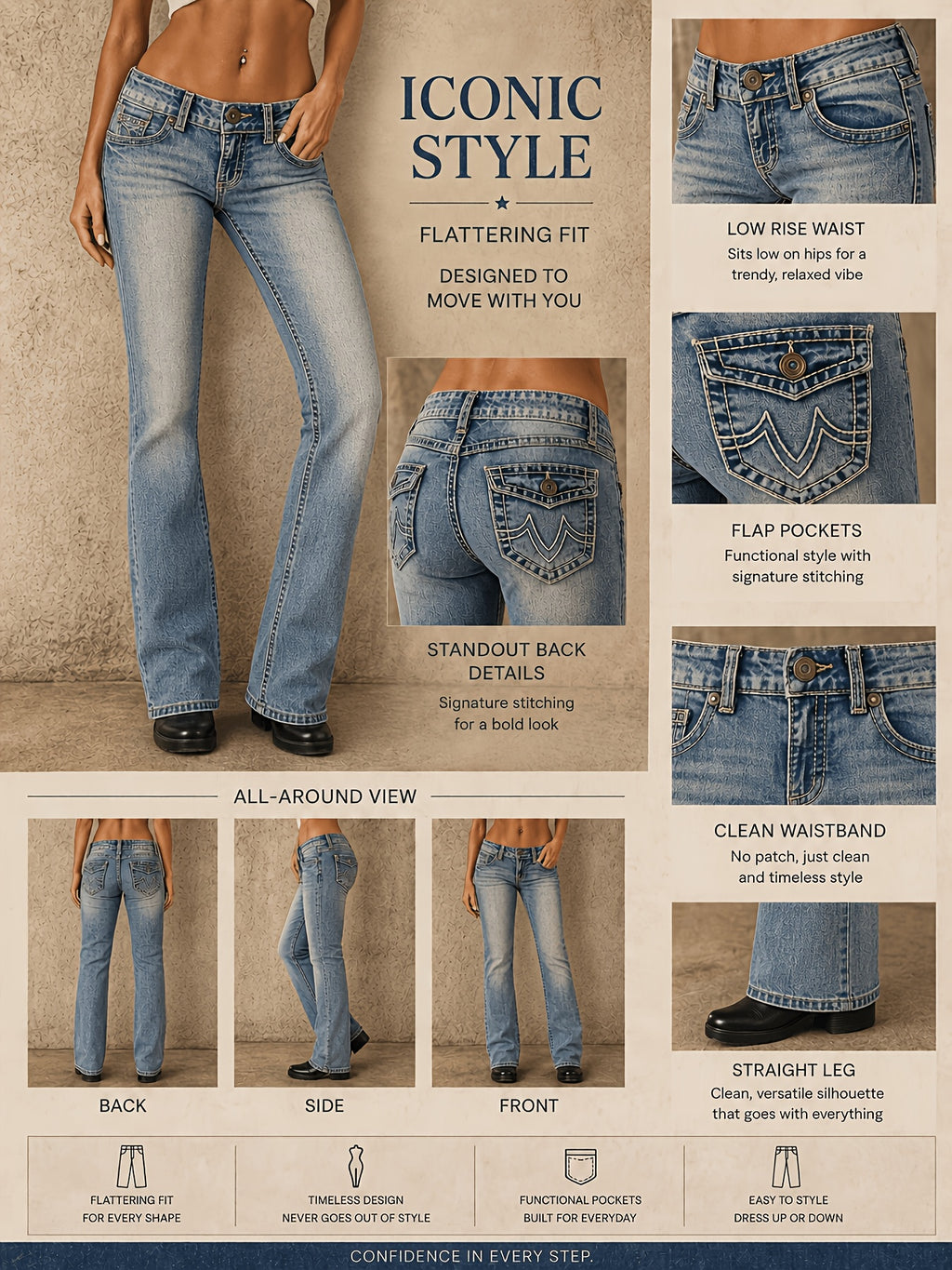 Embroidered High Waist Slim Straight Leg Jeans Women Fashion Denim Pants Hugging Fit Blue S-XXL