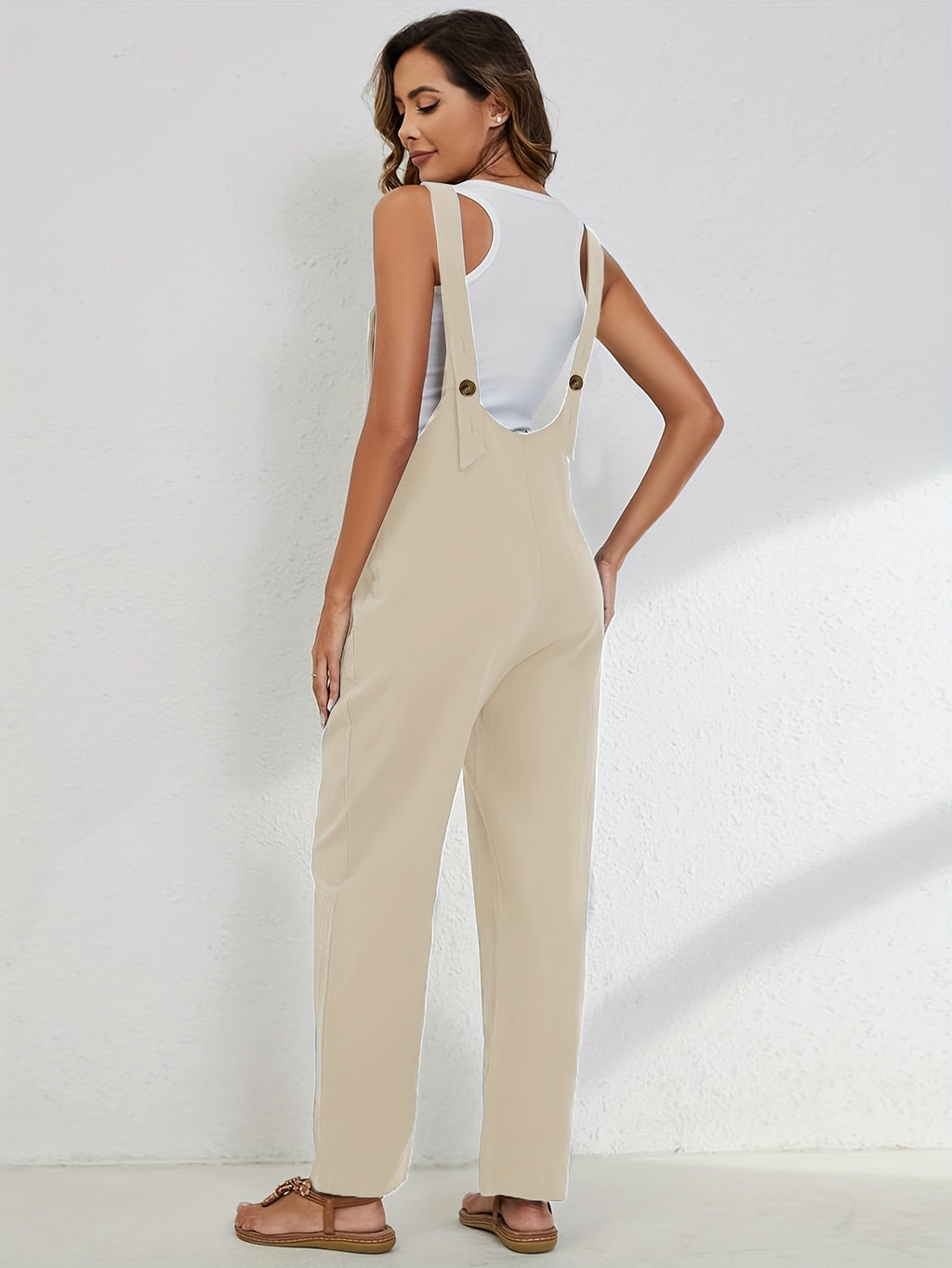 Linen Jumpsuit Women Wide Leg Casual Loose Overalls with Pockets Sleeveless Adjustable Strap Summer Palazzo Pants Romper Beige Black XS-XXL