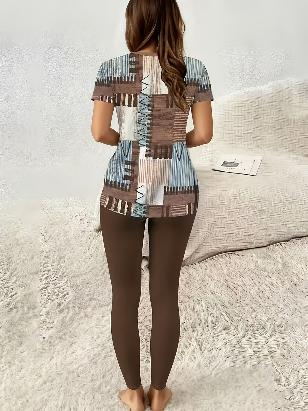 Plaid Print Short Sleeve Top and Slim Trousers Set Women 2pcs Side Slit Casual Spring Autumn Outfit S-XL