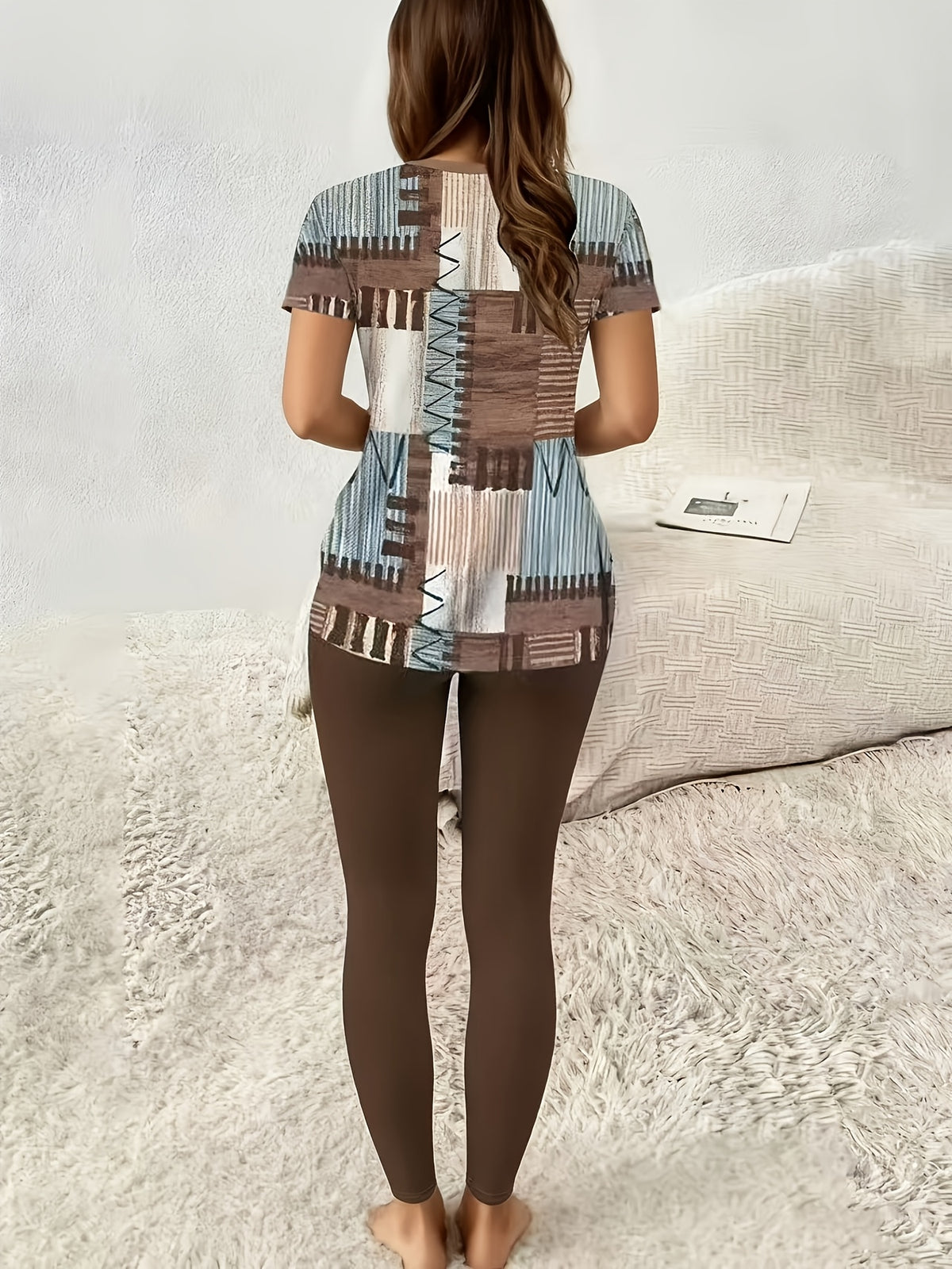 Plaid Print Short Sleeve Top and Slim Trousers Set Women 2pcs Side Slit Casual Spring Autumn Outfit S-XL